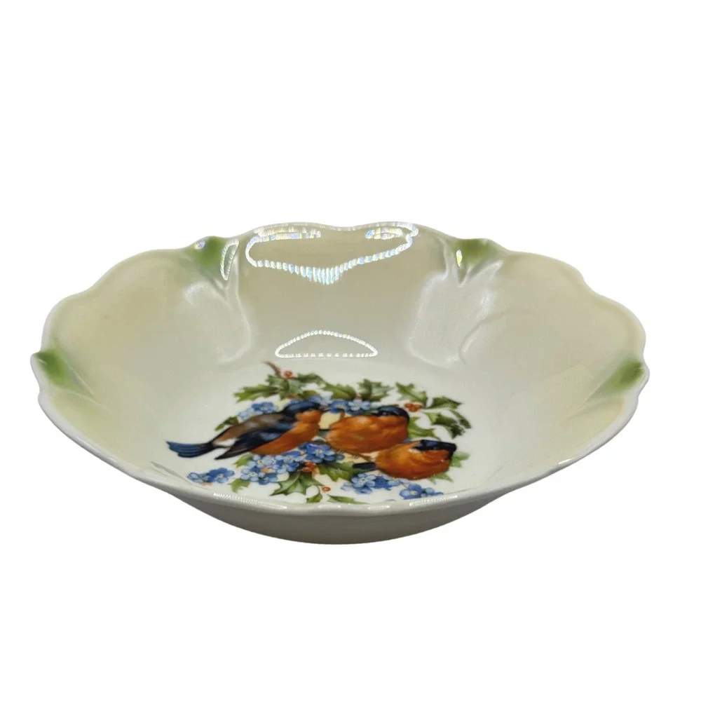 Vintage German Porcelain Bowl Bullfinch Birds Forget-Me-Nots Scalloped Rim‎ 8